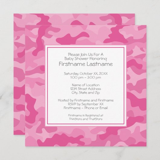 Rosa Camouflage Kinderdusche oder Party Einladung (Vorne/Hinten)