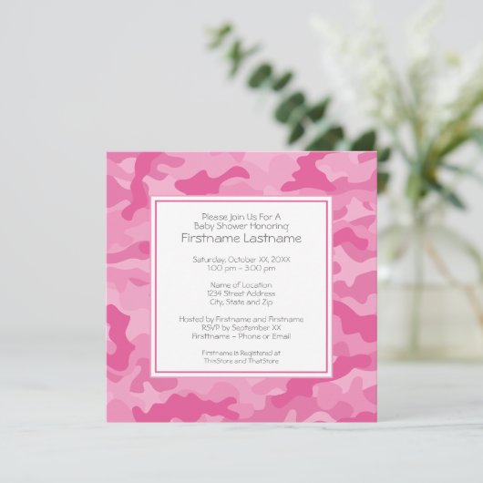 Rosa Camouflage Kinderdusche oder Party Einladung (Stehend Vorderseite)