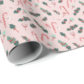 Rosa Candy Cane & Holly Weihnachtspapier Geschenkpapier (Rolleneckpunkt)