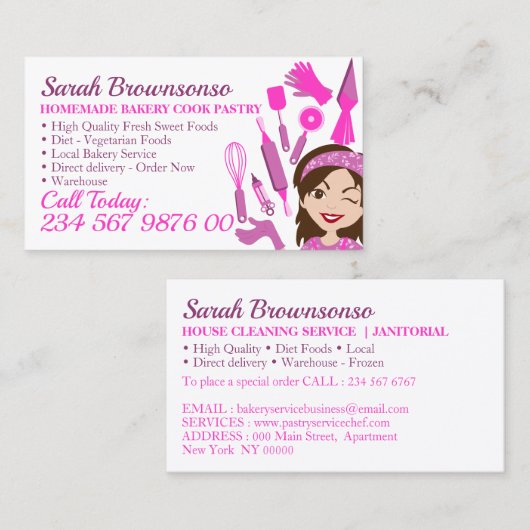 Rosa Cartoon Bäckerei Konditorei Kochen Visitenkarte (Vorne/Hinten)