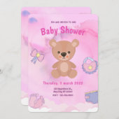 Rosa Cartoon Bear Rainbow Baby Dusche Einladung (Vorne/Hinten)