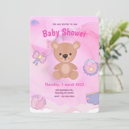 Rosa Cartoon Bear Rainbow Baby Dusche Einladung (Stehend Vorderseite)