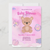 Rosa Cartoon Bear Rainbow Baby Dusche Einladung (Vorderseite)