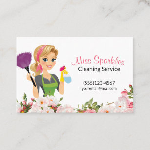 Rosa Cartoon Haushaltshilfe Reinigungsservice Visitenkarte