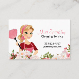 Rosa Cartoon Haushaltshilfe Reinigungsservice Visitenkarte