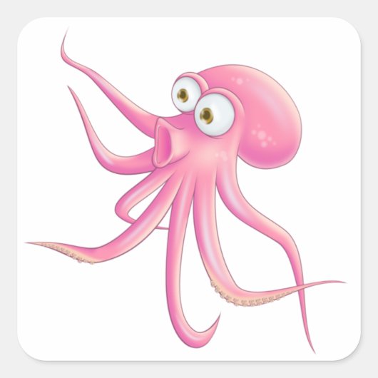 Rosa Cartoon Octopus Quadratischer Aufkleber (Vorderseite)