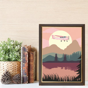 Rosa Cessna-Flugzeug fliegt bei Sonnenuntergang üb Poster