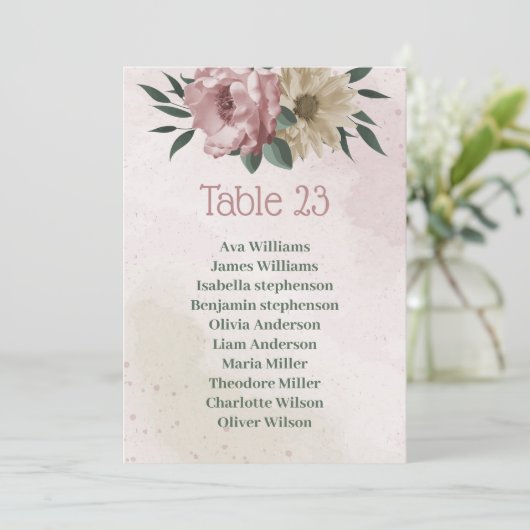 Rosa Champagner-Blume botanische Sitzkarte Einladung (Stehend Vorderseite)