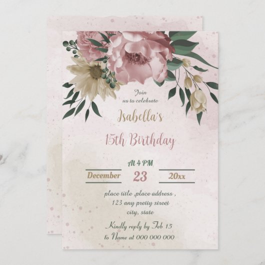 Rosa Champagner-Blume botanischer Geburtstag Einladung (Vorne/Hinten)