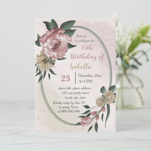 Rosa Champagner-Blume botanischer Geburtstag Einladung (Stehend Vorderseite)