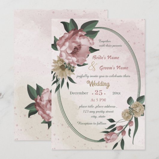 Rosa Champagner-Blume Einladung (Vorne/Hinten)