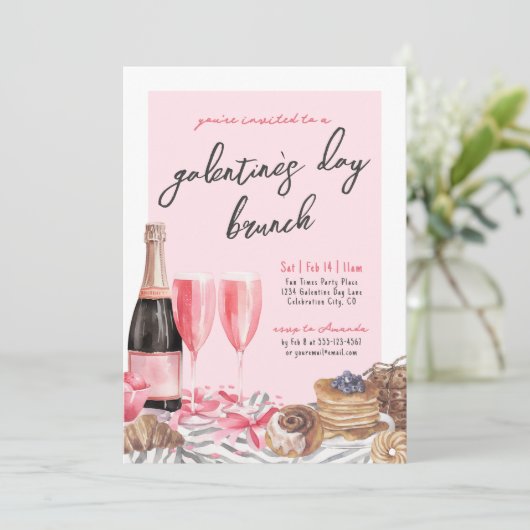 Rosa Champagner Brunch Galentinstag Einladung (Stehend Vorderseite)