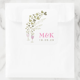 Rosa Champagner Cheers Floating Gold Hearts Weddin Quadratischer Aufkleber