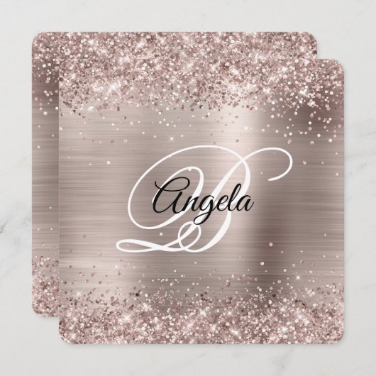 Rosa Champagner Glitzer Foil Extravagant Monogram Einladung (Vorne/Hinten)