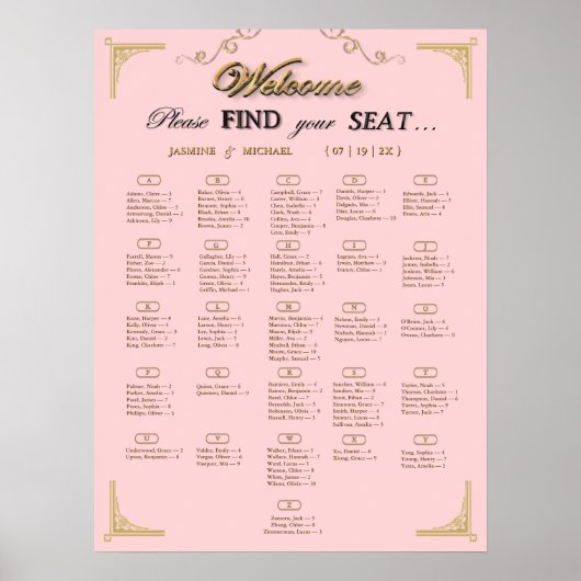 Rosa Champagner-Gold Hochzeitssitzplan Poster (Vorne)