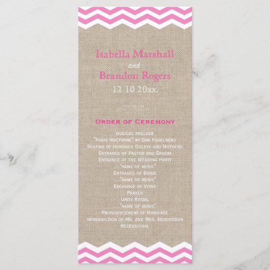 Rosa Chevron auf Jute-Hochzeitsprogramm Programm (Vorderseite)