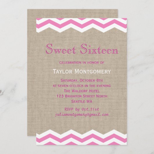 Rosa Chevrons auf Einladung von Burlap 16 . Geburt (Vorne/Hinten)