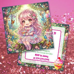 Rosa Chibi-Mädchen mit Cupcake-Geburtstagsfeier Einladung