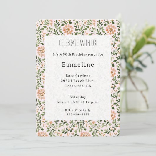 Rosa Chic Floral Geburtstag Einladung (Stehend Vorderseite)