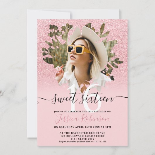 Rosa chic Glitzer ombre Foto Blumenkohl Sweet 16 Einladung (Vorderseite)