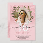 Rosa chic Glitzer ombre Foto Blumenkohl Sweet 16 Einladung (Vorne/Hinten)
