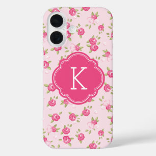 Rosa Chic Vintage Blumenprint Monogramm iPhone 16 Hülle