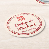 Rosa chinesisches Hochzeitslogo für doppelte Brief Runder Pappuntersetzer (Angewinkelt)