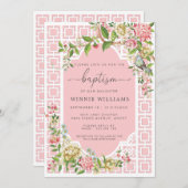 Rosa Chinoiserie Blumenblume Taufe Einladung Trian (Vorne/Hinten)