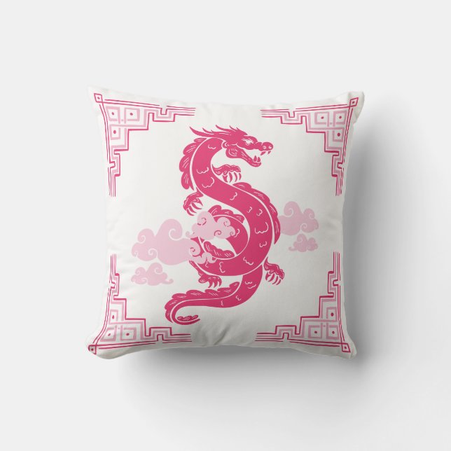 Rosa Chinoiserie Dragon und Wolken Kissen (Vorderseite)