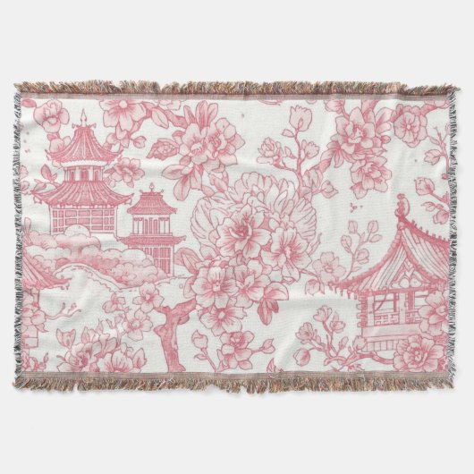 Rosa Chinoiserie-Toile-Drache Kirschblüte Decke (Vorderseite)