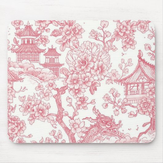 Rosa Chinoiserie-Toile-Drache Kirschblüte Mousepad (Vorne)