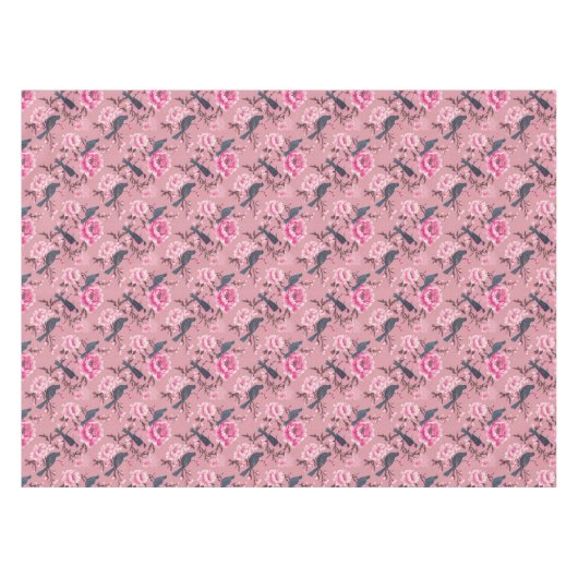 Rosa Chinoiserie Vogel Blumenbaumwolle Speisen Tischdecke (Vorderseite (Horizontal))