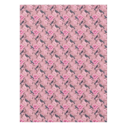 Rosa Chinoiserie Vogel Blumenbaumwolle Speisen Tischdecke (Vorderseite)