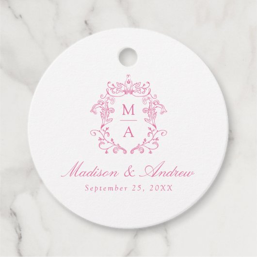 Rosa Chinoiserie Wappen Monogram Wedding Geschenkanhänger (Vorderseite)