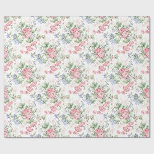 Rosa Chintz, blaue Blüten auf Weiß Geschenkpapier