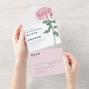 Rosa Chrysanthemen Botanische Hochzeit All In One Einladung