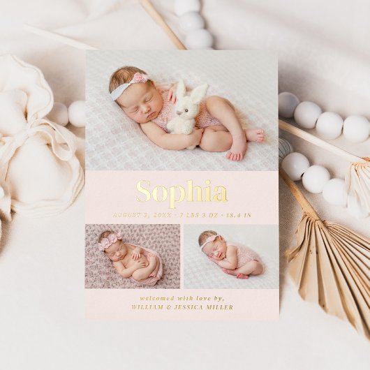 Rosa Classic 3 Foto Collage Geburtserklärung Folieneinladung