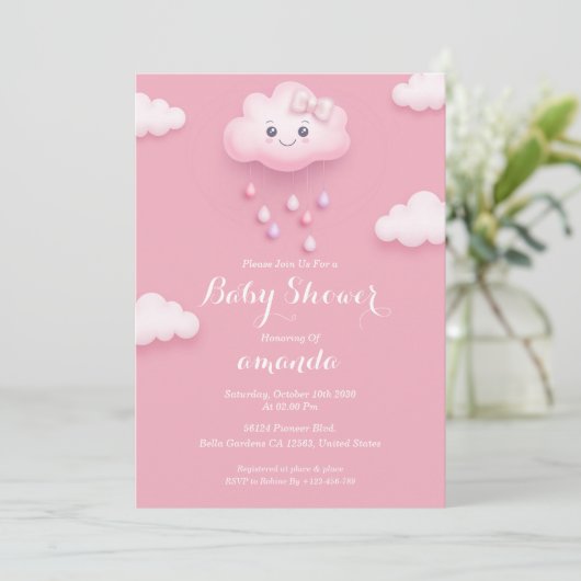 Rosa Cloud Baby Dusche Einladung (Stehend Vorderseite)