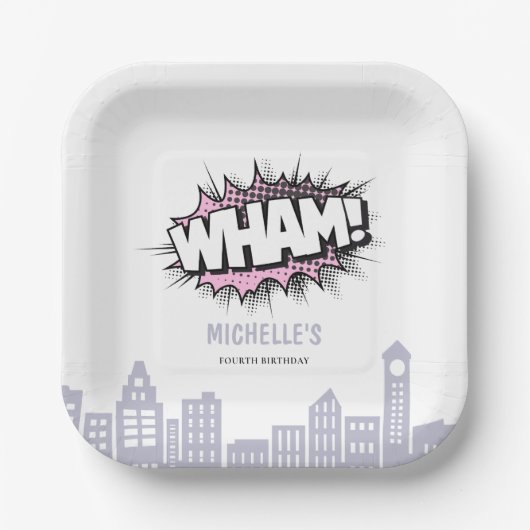 Rosa Comic Buch Superhero Geburtstag Pappteller (Vorderseite)