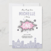 Rosa Comicen Buch Hero 1. Geburtstag Einladung (Vorderseite)