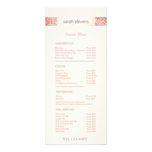 Rosa Confetti Glitzer Salon Preisliste Menü (Vorne)