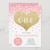 Rosa Confetti Gold Herzstück 1 Girl Erstgeburt Einladung (Vorne/Hinten)