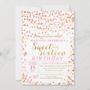 Rosa Confetti Goldene Foil Sweet 16 Geburtstagspar Einladung