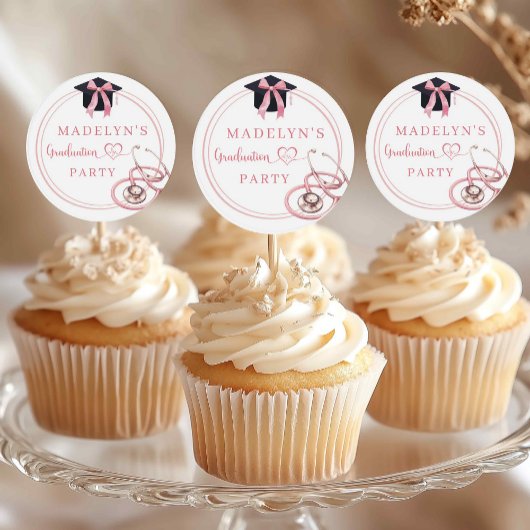 Rosa Coquette Abschluss Nurse Cupcake Topper Runder Aufkleber