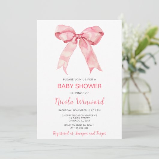 Rosa Coquette Bow Babydusche Einladung (Stehend Vorderseite)
