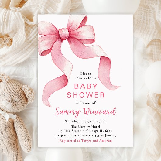 Rosa Coquette Bow Babydusche Einladung