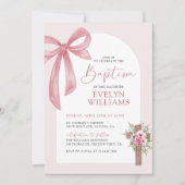 Rosa Coquette Bow Blumenkreuz Taufe Foto Einladung (Vorderseite)