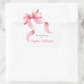 Rosa Coquette Bow Buchzeichen Quadratischer Aufkleber (Tasche)