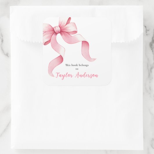 Rosa Coquette Bow Buchzeichen Quadratischer Aufkleber (Tasche)