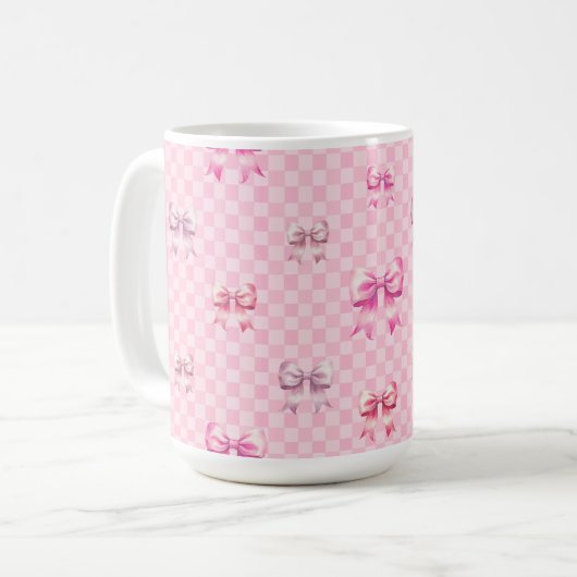 Rosa Coquette Bow Checkerboard Kaffeetasse (Vorderseite Links)